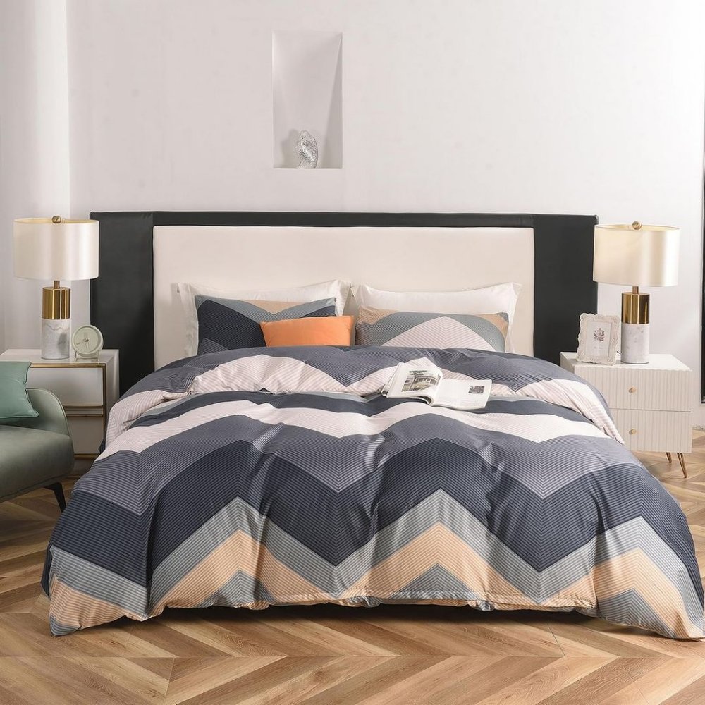 3 Piece Navy White Bedding Duvet Cover Set with Zipper Wave
